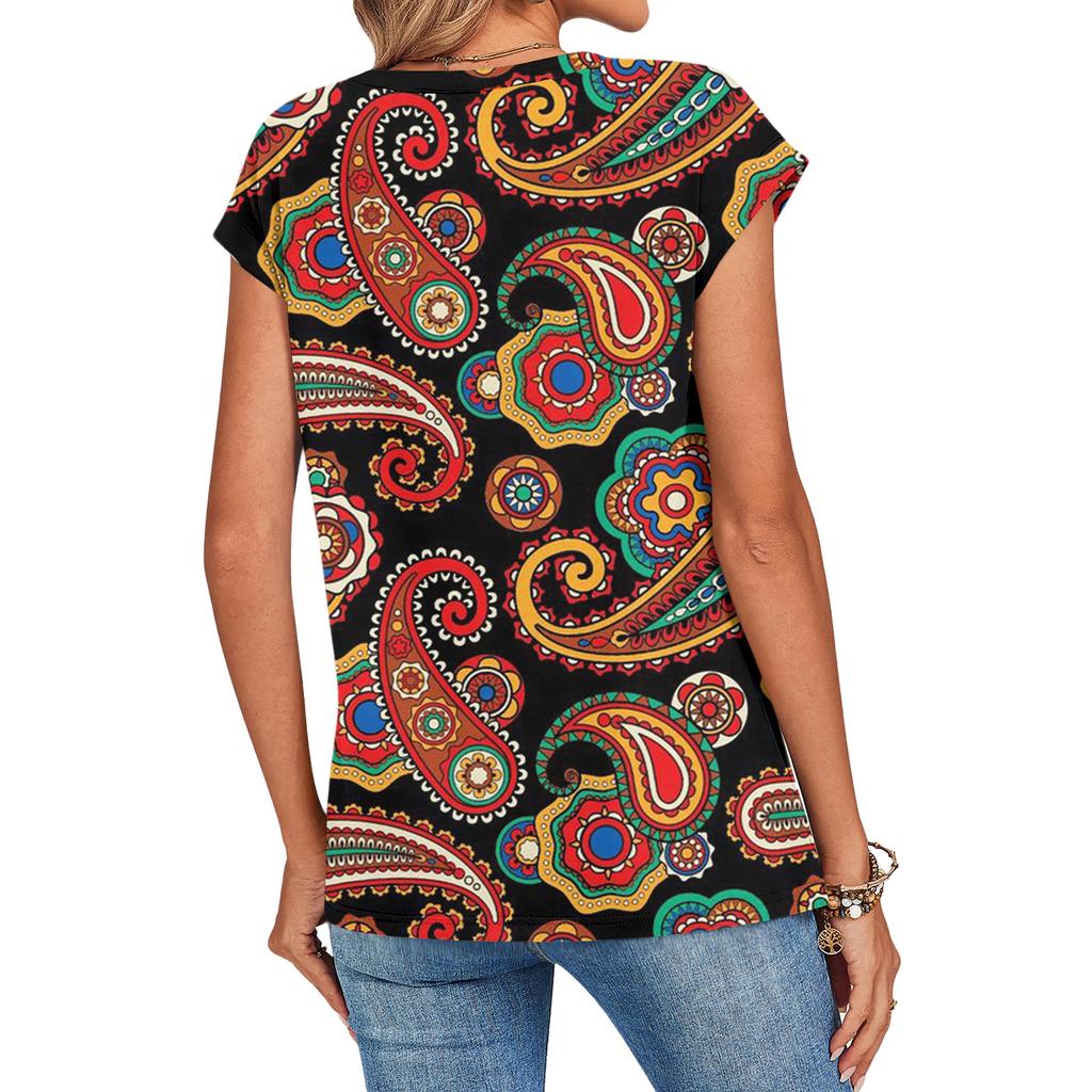 Women's Loose-Fit Fashionable Casual Vintage Print Cap-Sleeve T-Shirt Top