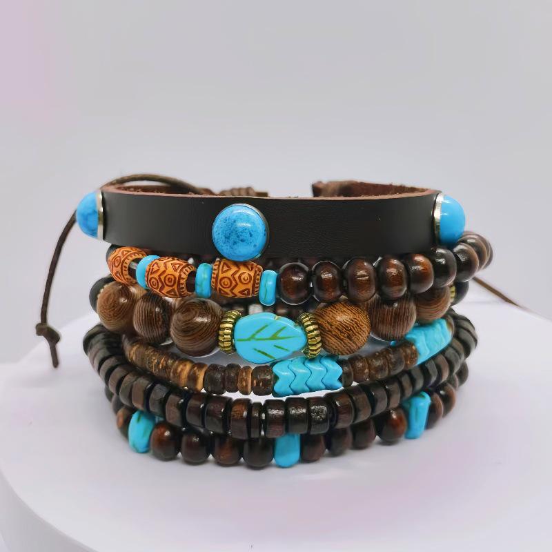 Turquoise Woven Bracelet with Ethnic Style Chicken Feather and Wood Bracelet Set