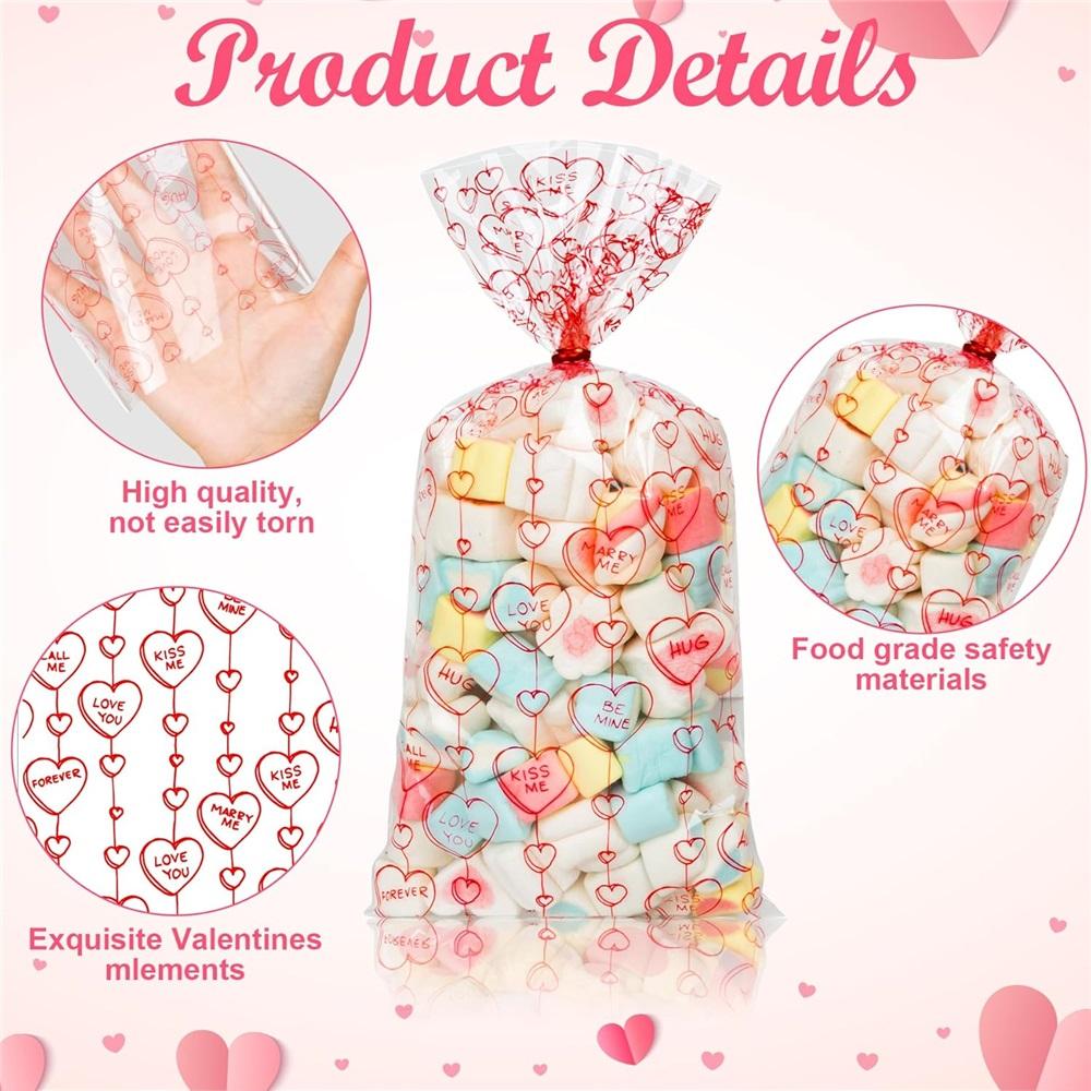 Valentine’s Day Cellophane Treat Bags, 100pcs Clear Goodie Bags With Twist Ties, Valentines Candy Gift Bags For Kids Party Favors (4 Styles)