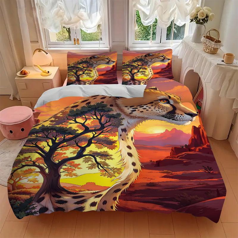 3pcs Cheetah Print Bedding Set - 1 Duvet Cover + 2 Pillowcases(Core Not Included), Machine Washable Polyester yy251216105