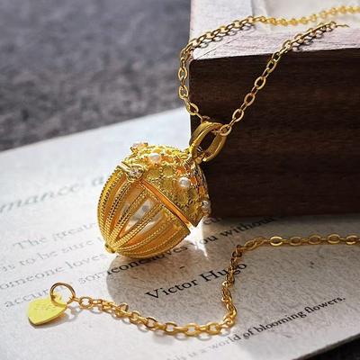 S925 Sterling Silver Antique Style Switchable Gold Ball Necklace Hollow Light Luxury Temperament Design Sense Collarbone Chain