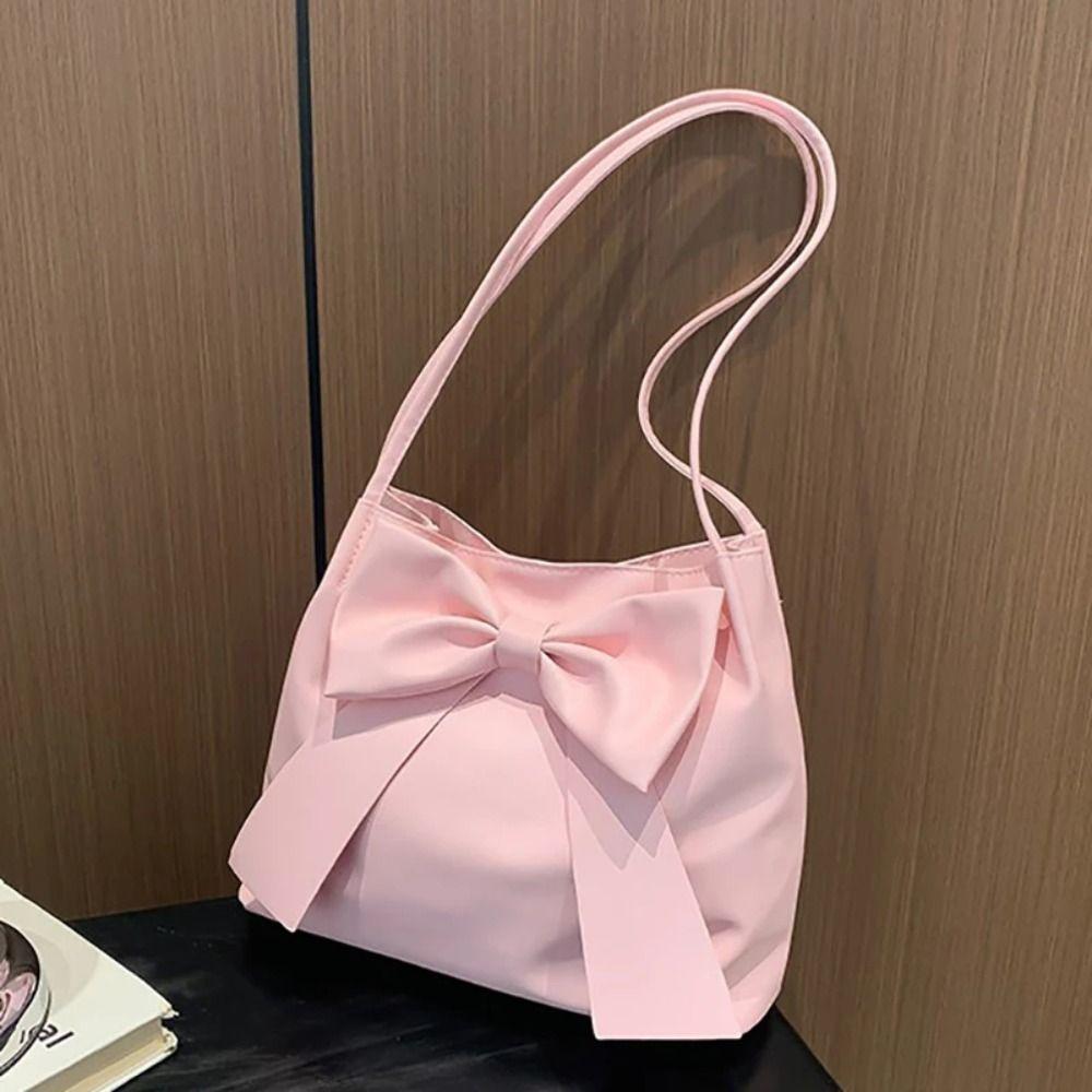 Solid Color INS Tote Bag Bucket Bag Fashion Underarm Bag Simple PU Bow Shoulder Bag  Women