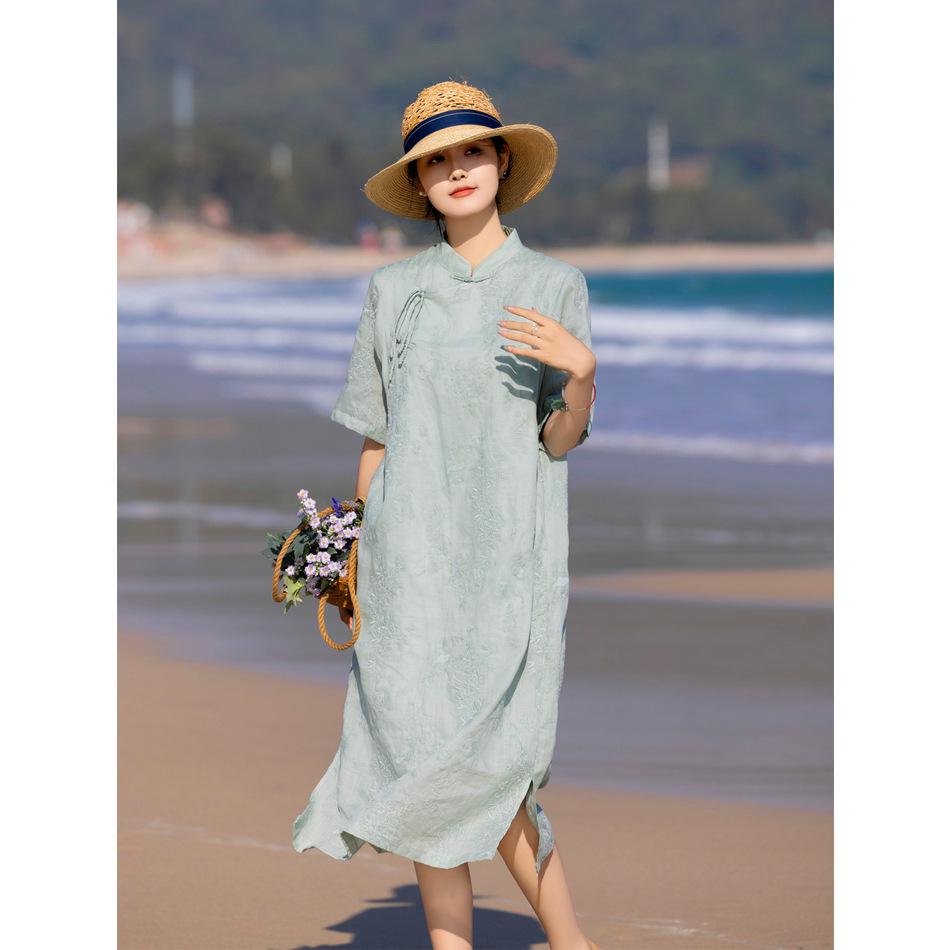 

2024 Элегантное женское платье из рами с вышивкой в китайском стиле, длинное, с рукавами средней длины Extra Large