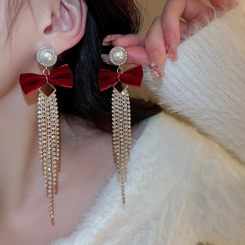 Silver Needle Red Bow Flower Earrings - Light Luxury Christmas & Holiday Studs, Autumn Winter Jewelry