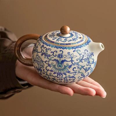 Tetera de Cerámica Azul y Blanco de Horno Ru Fabricante de Té Creativo Tetera Hecha a Mano Retro Juego de Té Kung Fu Vajilla Doméstica Infusor de Té