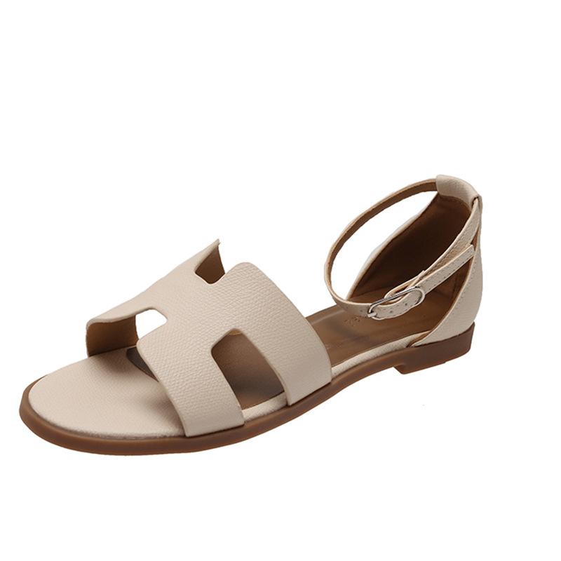 Sandals Women's Summer Outer Wear 2025 New Flat Bottom One-word Buckle Belt Travel Vacation with Skirt Seaside Back Bag Beach Shoes