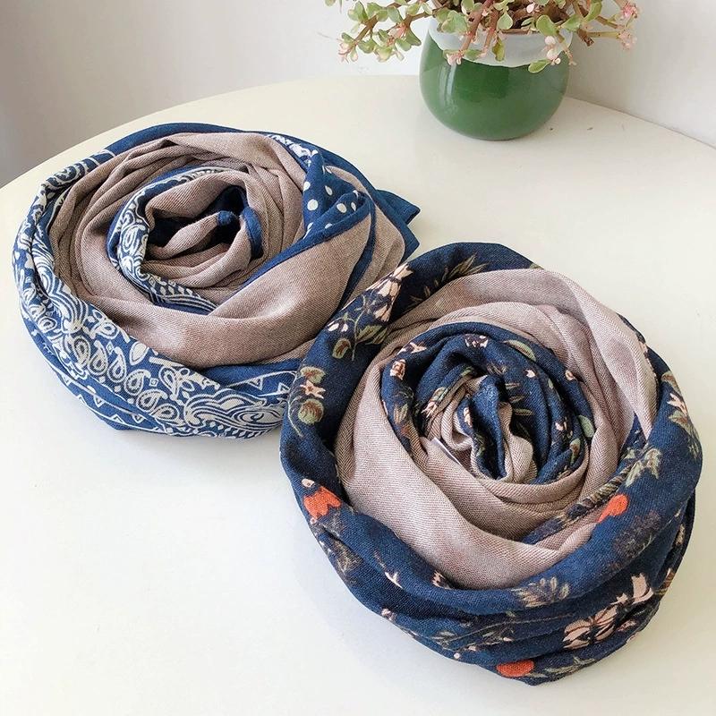 Retro Autumn & Winter Blue Warm Cotton Scarf For Women Versatile Floral Printed Shawl And Scraf
