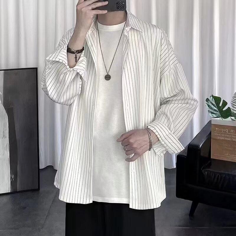 Men's Spring and Autumn Casual Striped Shirt Youth Lapel Comfortable Top