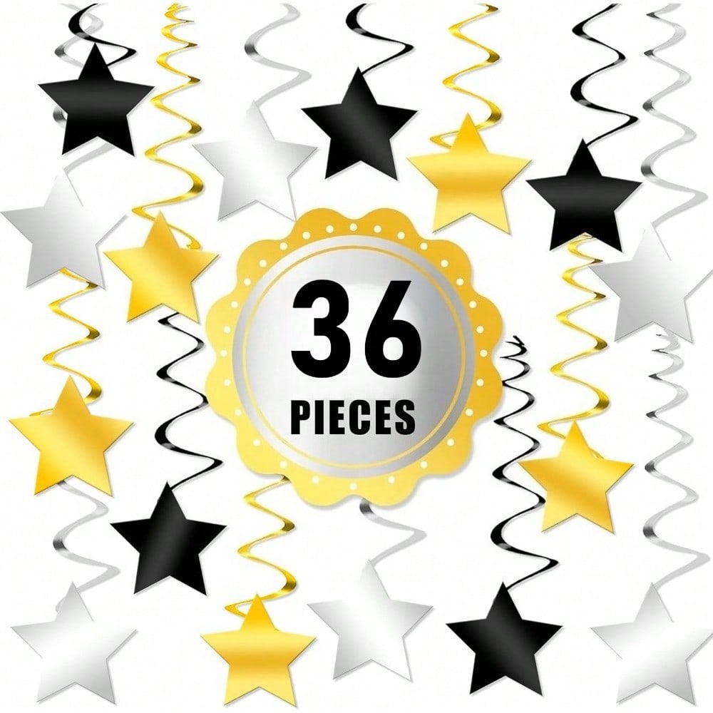 

Набор из 36 черных, золотых и серебристых подвесных спиралей в виде звезд-, без сборки | Украшения для черно-золотой вечеринки | Новогодние украшения 2026 | С Новым 2026 годом 36PCS