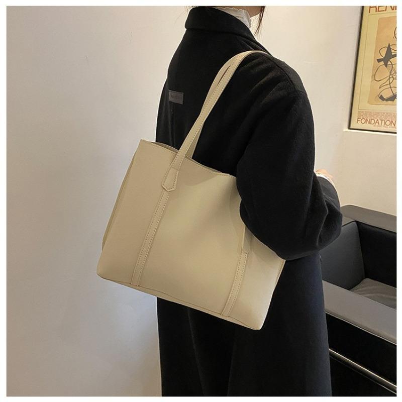 Simple Solid Color Large Capacity Tote Bag Casual Soft Leather Shoulder Bag for Women
