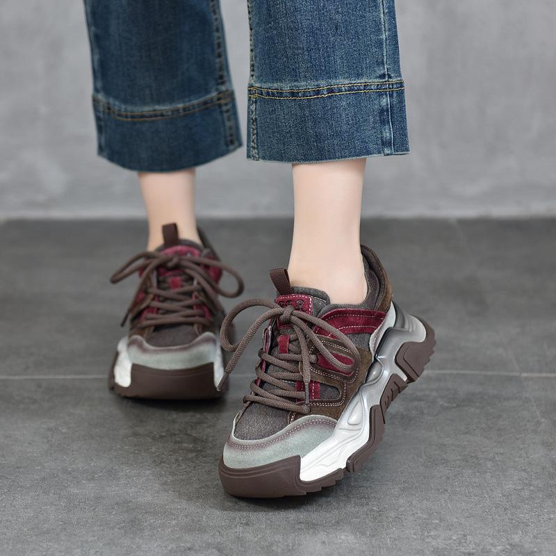 Fashion 5cm Women Moccasins Vulcanize Autumn Spring Chunky Sneaker Comfy ShoesDenim Genuine Leather Synthetic Loafer