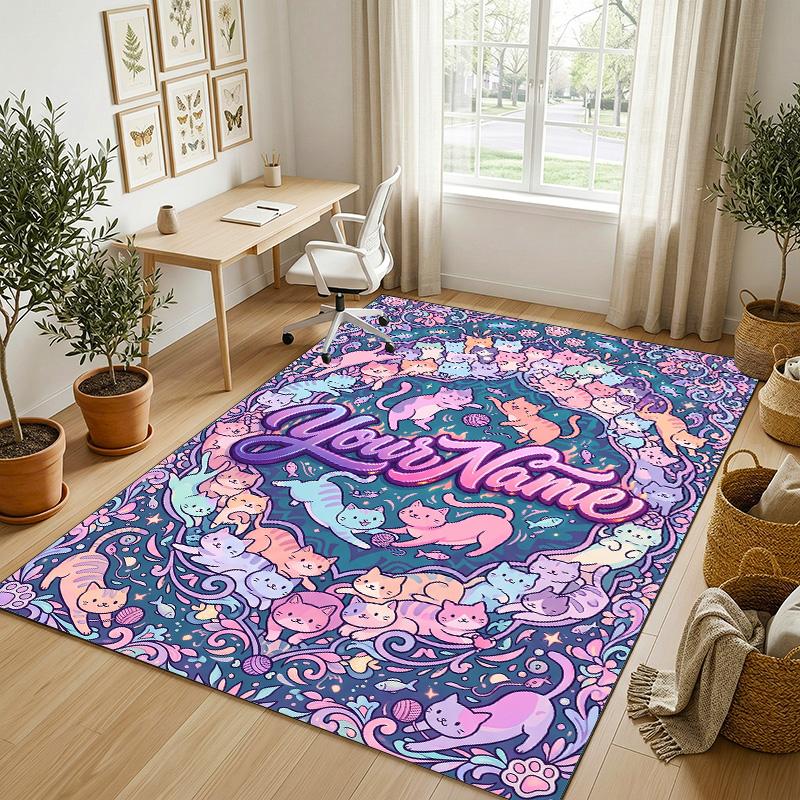 Colorful Cat Theme Soft Crystal Velvet Rug Custom Name & Text Print Non Slip Floor Rug for Bedroom Living Room