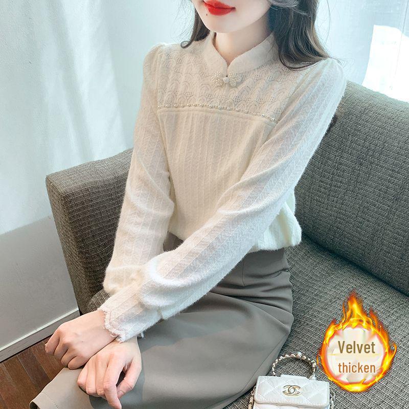 2025 Autumn/Winter Women s Lace Velvet Warm Slimming Top S
