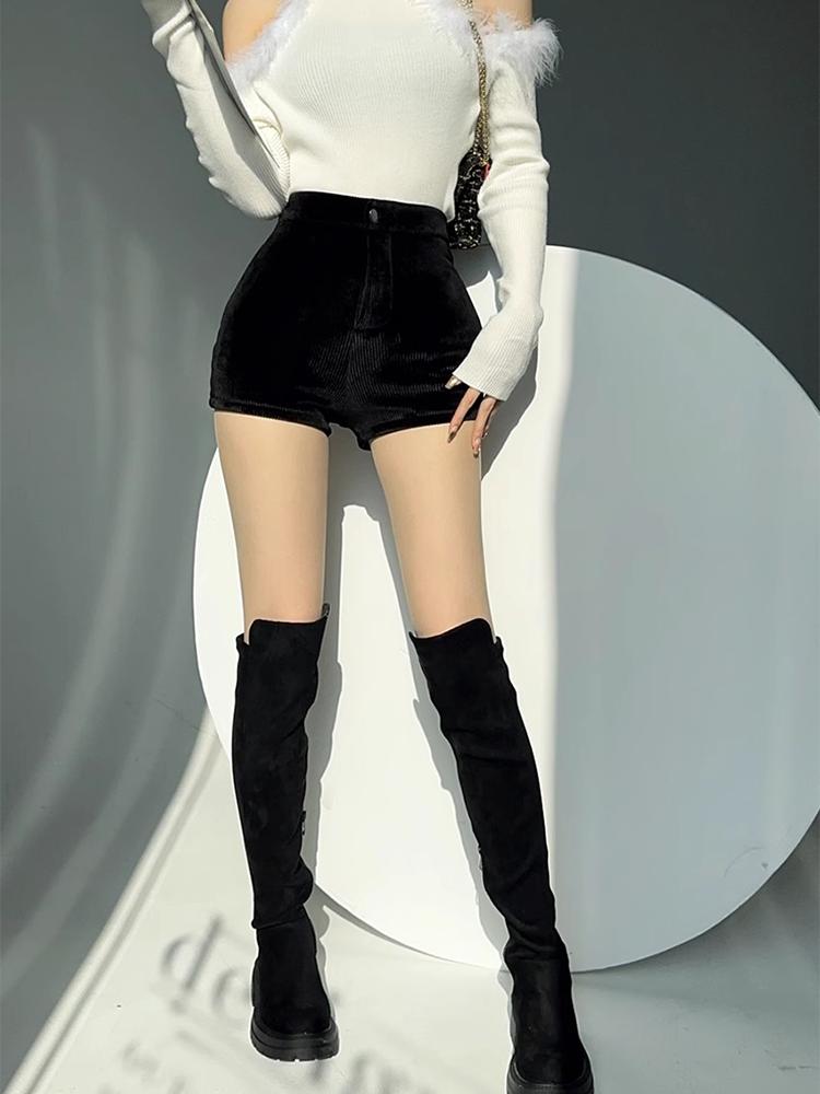 Svarte Shorts Dame Høst Vinter Høy Midje Mote Tettsittende Sexy Stretch Y2k Kordfløyel Kvinne Casual Bukser