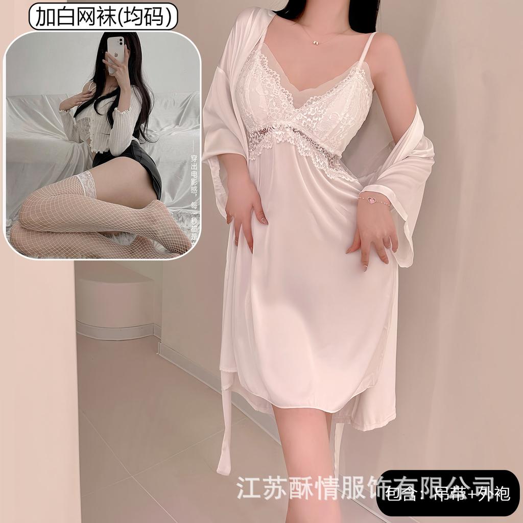 Spring and Summer Sexy Nightdress Lace Temptation V-neck Gathering Ice Silk Suspender Nightdress Backless Chest Pad Suspender Nightdress Set