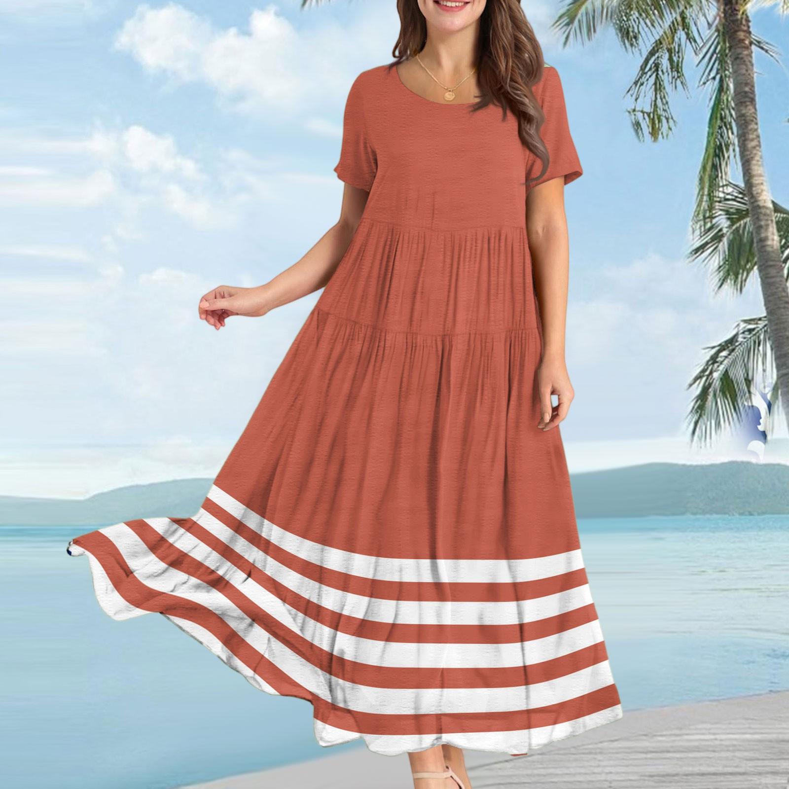 

Женское повседневное свободное богемное платье с полосатым принтом и коротким рукавом XL шафрановый