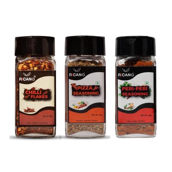Ricano Chilli Flakes 35g, Pizza Mix 45g & Peri Peri 50g Combo (Pack of 3) | Hot & Spicy | Herb Seasoning  | Piri Piri Spice Mix