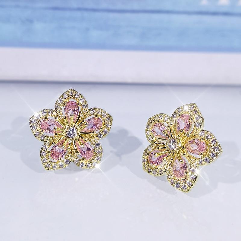 Natural Topaz Flower Stud Earrings  Color Needles Exquisite Craftsmanship Diamond Bizuteria Tone  Jewelry Aros Mujer Oreja