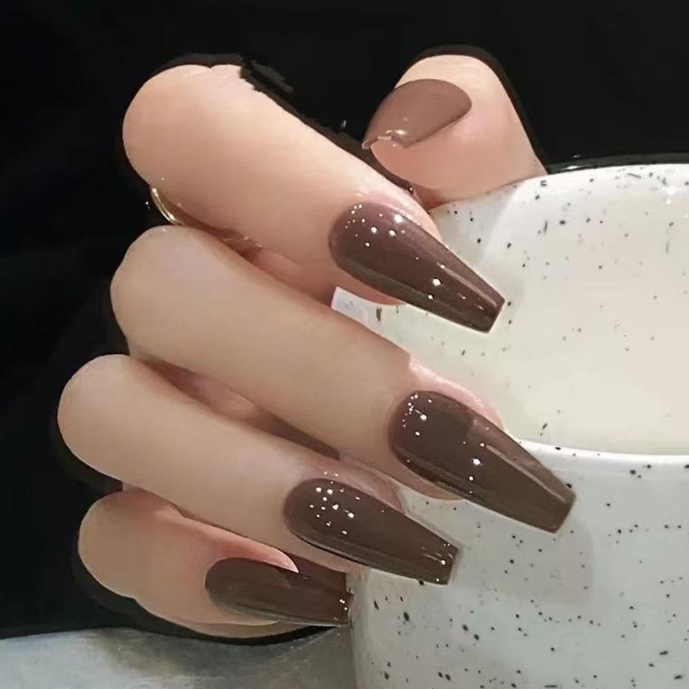 High-Grade Solid Brown Ballet Coffin False Nails - 10-Piece Set Medium