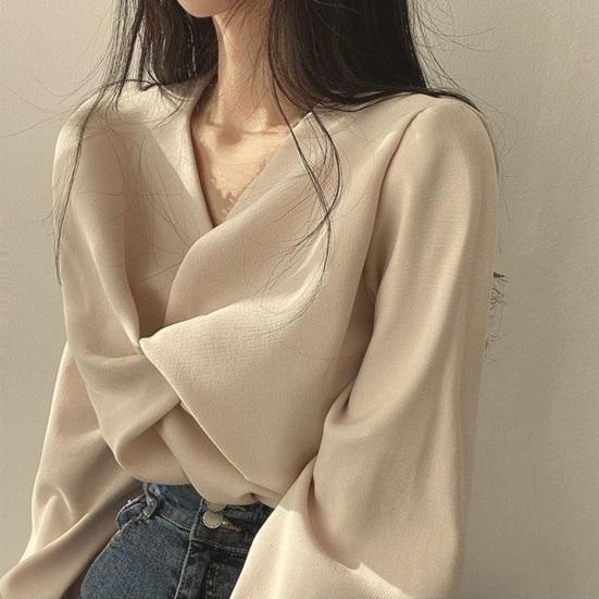 Women Shirt V-Neck Lantern Long Sleeve Pullover Tops Solid Color Knotted Design Regular Fit Tops