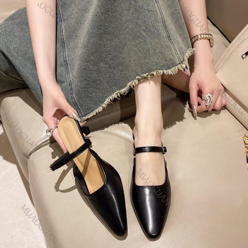 Fashion 2025 Spring Summer New Baotou Half Slippers High-heeled Shoes Fashion Shallow Mouth Elegant Mules Solid Color Slipper Sandals