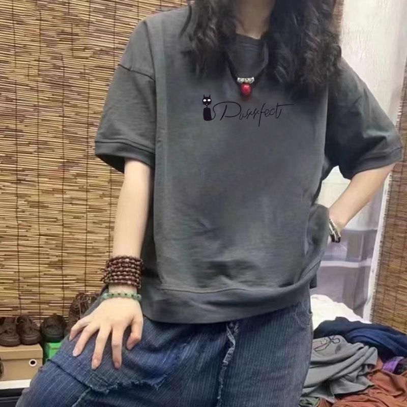 

Women s 100% Cotton Casual Short Sleeve T-Shirt, Loose Fit, Slimming Design, Half Sleeve, Plus Size, Trendy Print Top M (Recommended 85-100 jin) темно-серого