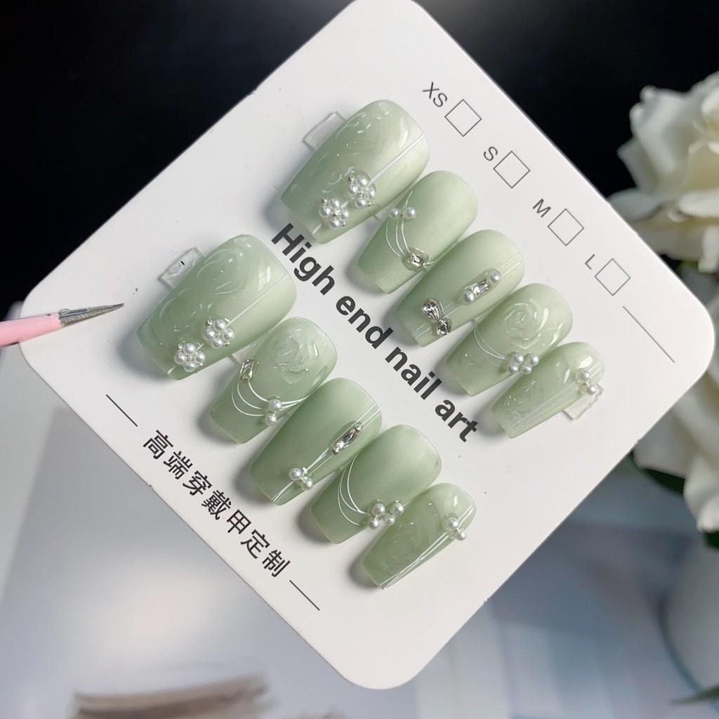 HANDMADE Artificial Nail Chinese Cheongsam Buttoned Flower Green Phototherapy Nails Fake Nails Reusable and Removable Nails