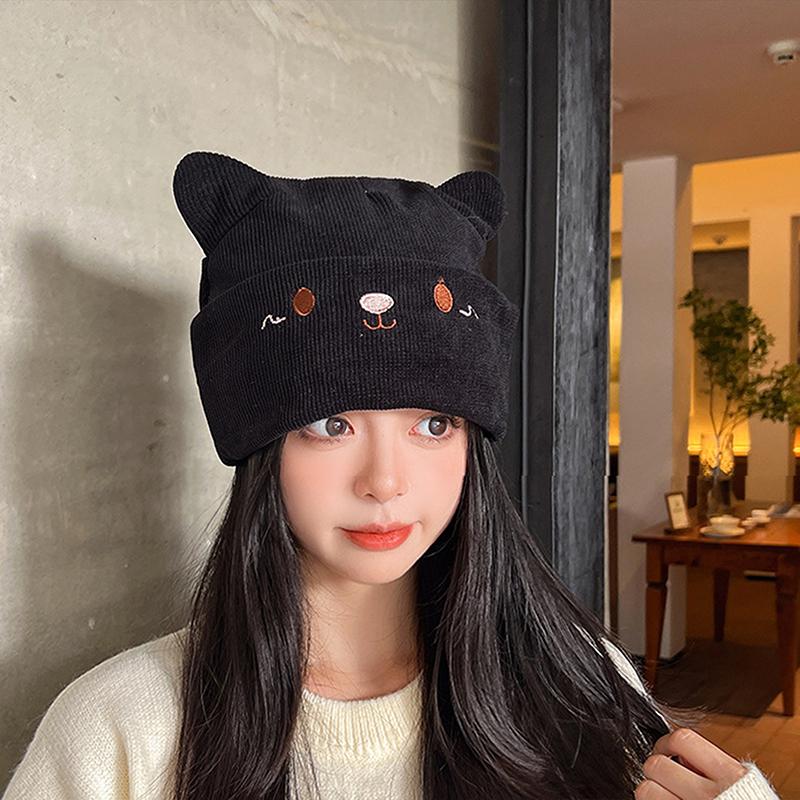 Cute Cat Embroidered Knitted Hat Outdoor Warm Ear Protection Cat Ears Wool Cap Over Head Cold Cap Street Beanies Cap Penny Cap