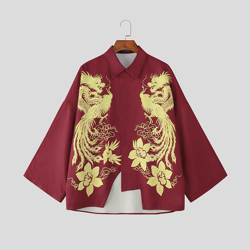 INCERUN Summer Men Lapel Neck 3/4 Sleeve Print Irregular Casual Shirts