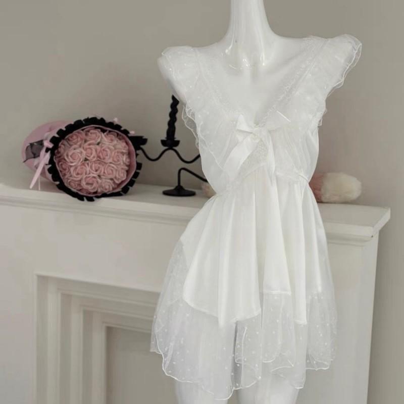 Pure Desire Style Satin Slip Nightdress Sexy Backless Lace Bow Polka Dot Lingerie Women