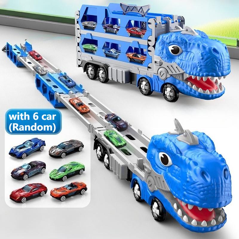

Large Dinosaur Car Plaything T-Rex Truck Transforming Carrier Truck Race Track Foldable Truck With Racing Car Birthday Present For Young Boys
