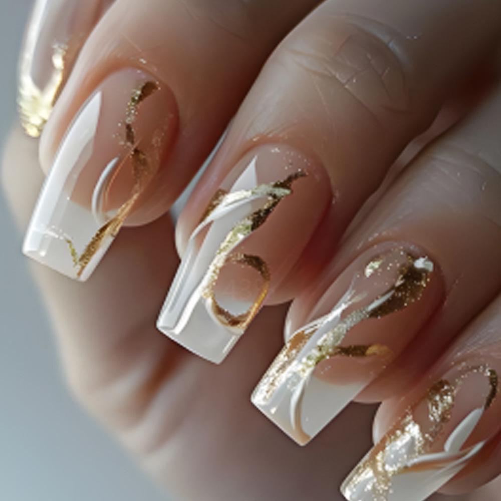 Gold Glitter Line Press-On Nail Art Set - European & American Style, Ready-to-Wear Nail Pieces