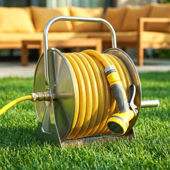Water Hose Reel Stainless Steel Garden with 6.5ft Leader Pipe, Wall/Floor Mounted Metal Wall Mount Crank Handle, Holds 5/8" X 75ft or 1/2" 130ft