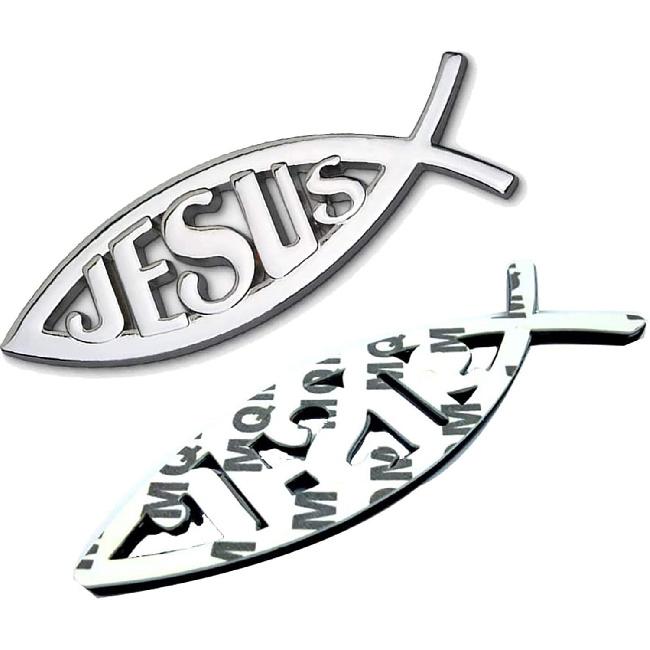 MEETCUTE 2pcs Jesus Fish Decal Sticker Silver,3D Car Chrome Decal Emblem Sticker Religious God for Jesus Christian Fish Symbol