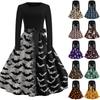 Womens Casual Long Sleeve Round Neck Vintage Dress Halloween Bat Print Retro Audrey Style Midi Dress with Waist Tie