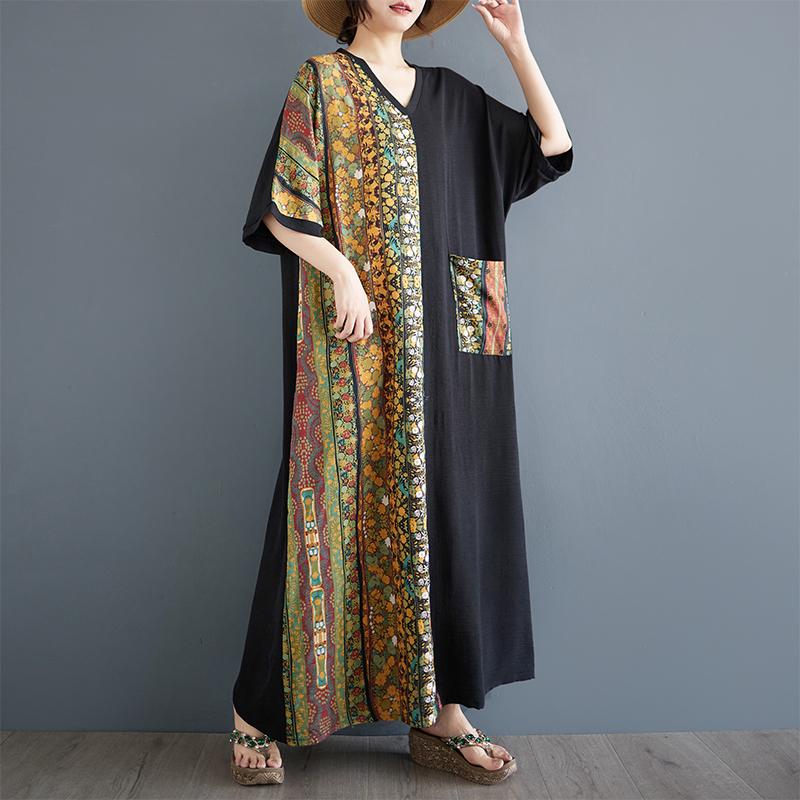 DIMANAF 2025 New Women Plus Size Summer Loose Dress Casual Linen Floral Dress Basic Vintage Short Sleeve