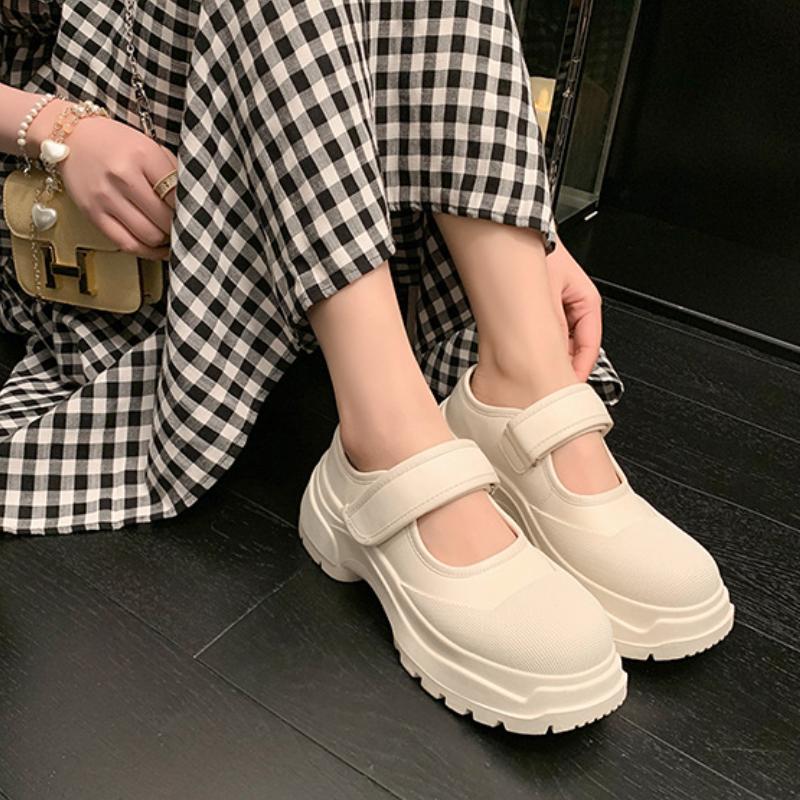 French Vintage Mary Janes Single Shoes 2023 Spring Summer New Small White Shoes Super Thick Soled Canvas Women's Sports Shoes
