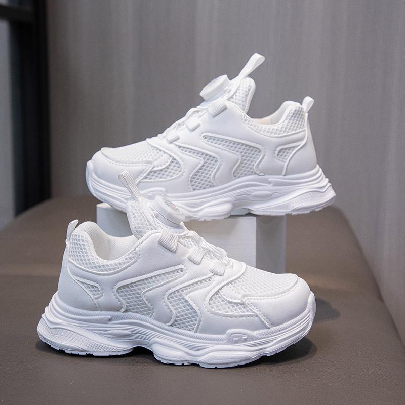 Summer New Double-mesh White Shoes with Rotating Buttons, Children's Sports Shoes for Boys and Girls, Soft-soled Running Dad Shoes