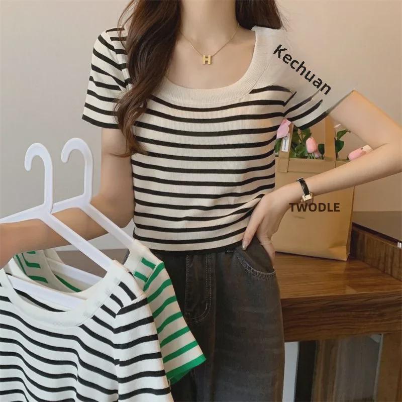 French Style Black & White Striped U-Neck Short-Sleeve Women's Summer T-Shirt