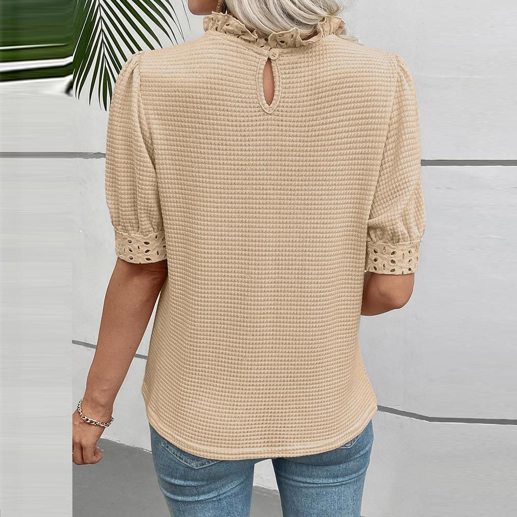 Women's Casual Lace,Trim Collar Puff Sleeve Breathable Shirt Top