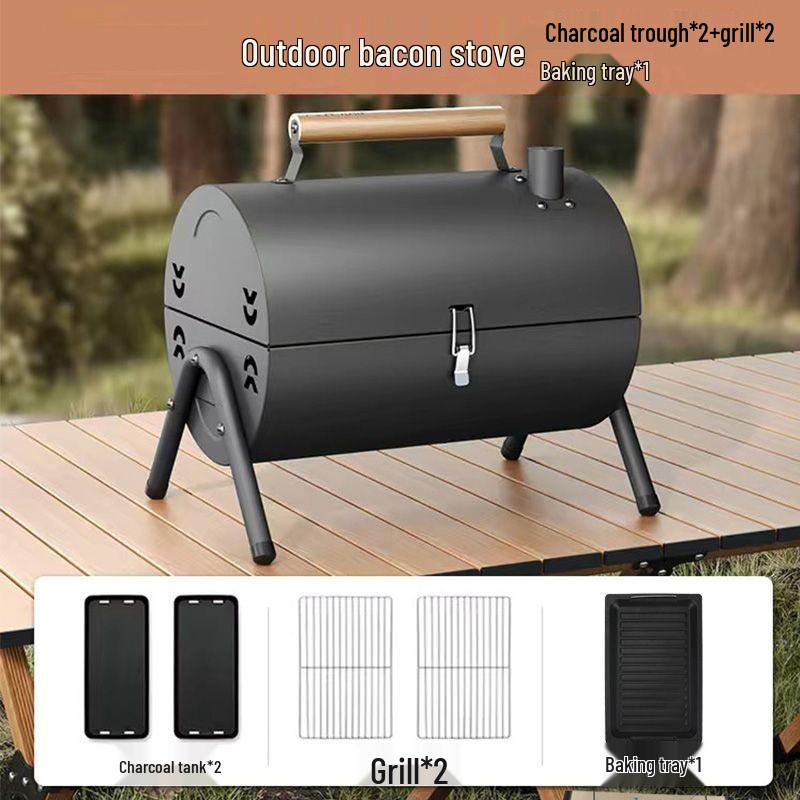 Portable Double-Sided Charcoal Grill - Outdoor Folding BBQ Rack for Camping and Home Use.