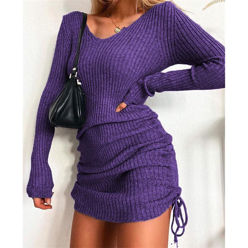 V-neck Knitted Sweater Dress - Long Sleeve, Slim Fit, Ruched Drawstring, Ribbed Design for Autumn/Winter