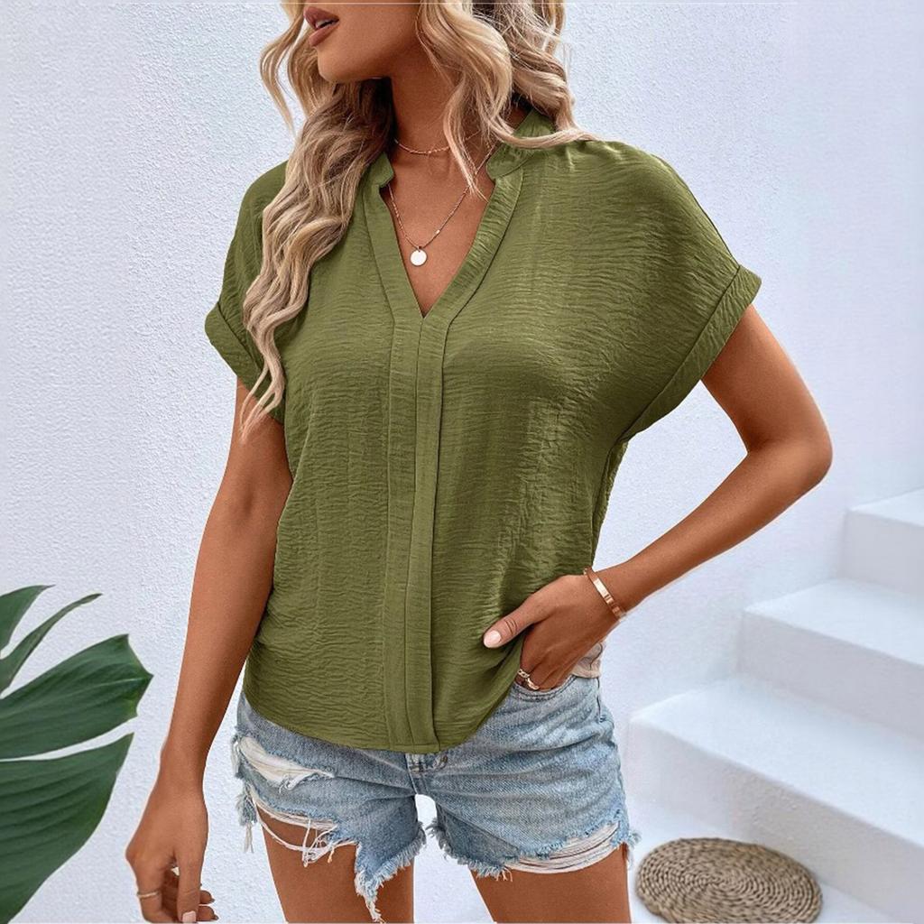 Women’s Short Sleeve Blouse Casual Loose Fit V Neck Top Lightweight Soft Fabric Summer Basic Shirt for Daily Wear