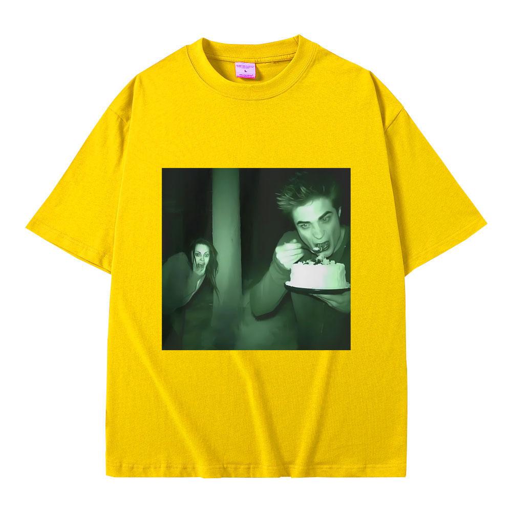 Funny Twilight Edward and Bella Trail Cam Rating Cake Print T-shirts Robert Pattinson Meme Tshirt Men Fashion Oversized T Shirts