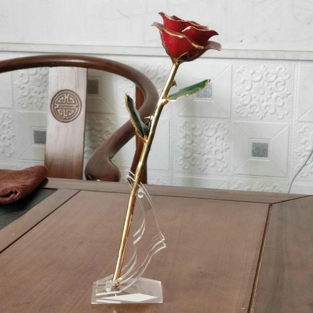 Clear Base Artificial Rose Bracket Flat Bottom Gold Dipped Rose Flower Shelf  Long Stem