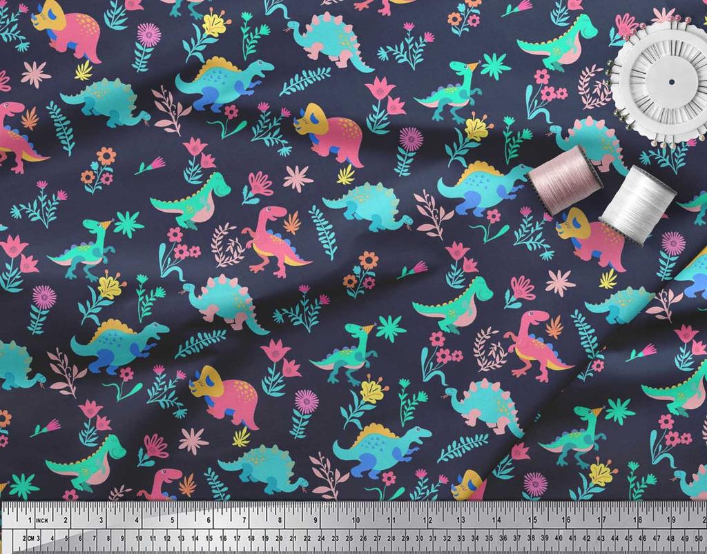Soimoi Black Japan Crepe Satin Fabric Aster Flower & Dinosaur Kids Print Fabric by Metre 42 Inch