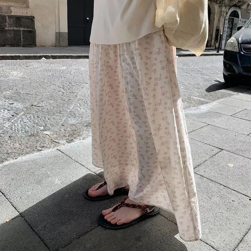 Women Sweet Small Floral High Waist Spliced Long Casual Maxi Skirt