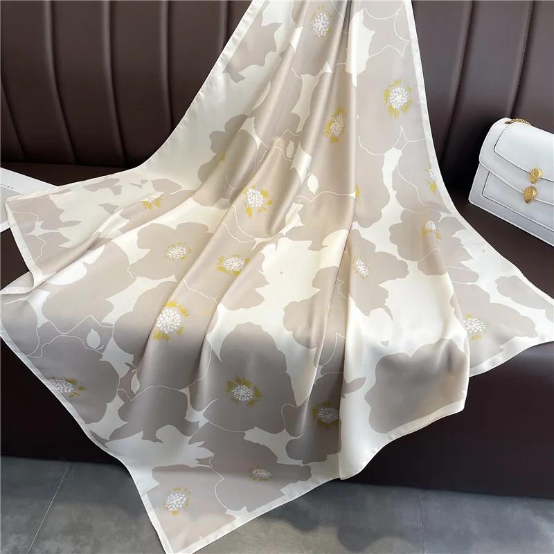 90*90cm Silk Scarf Women Popular Print Foulard Satin Square Head Hijab  Luxury Brand Shawl Bandanna Female Muffler Chiffen Wrap