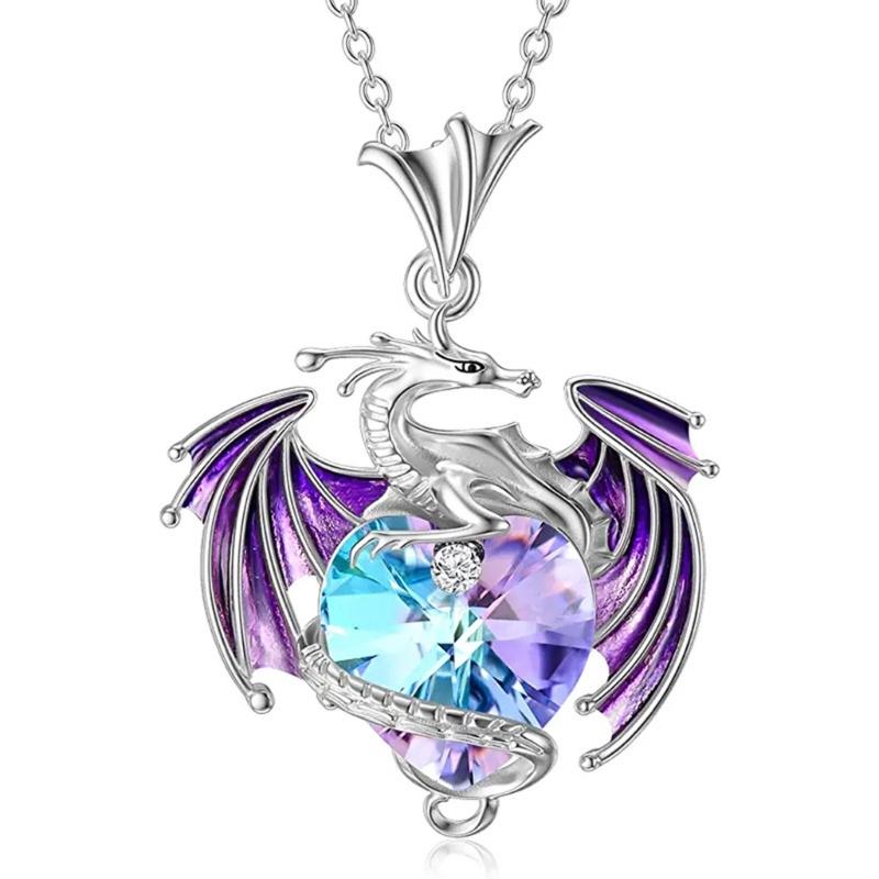 Heart Charm Clavicle Chain Fantasy Crystal Flying Dragon Necklace Jewelry