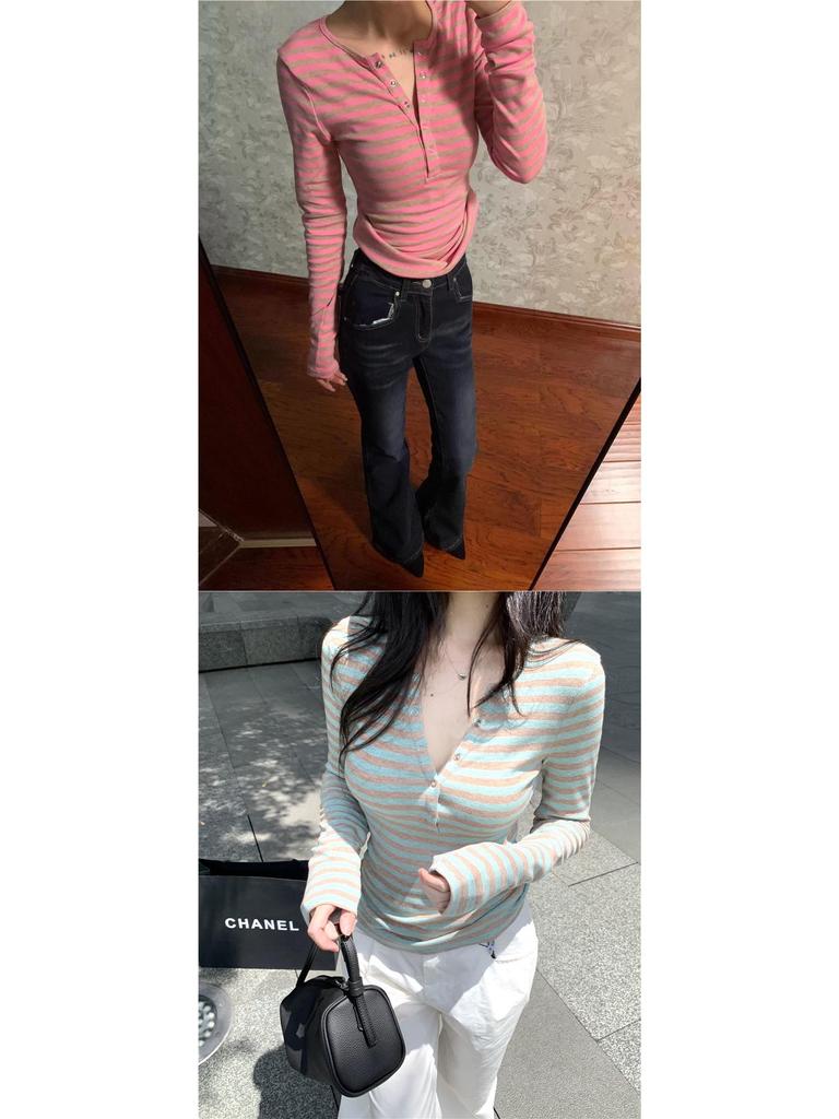 2026 Spring Autumn Women's Slim Fit Color Block Striped Long Sleeve T-shirt: Waist-Cinching Base Top